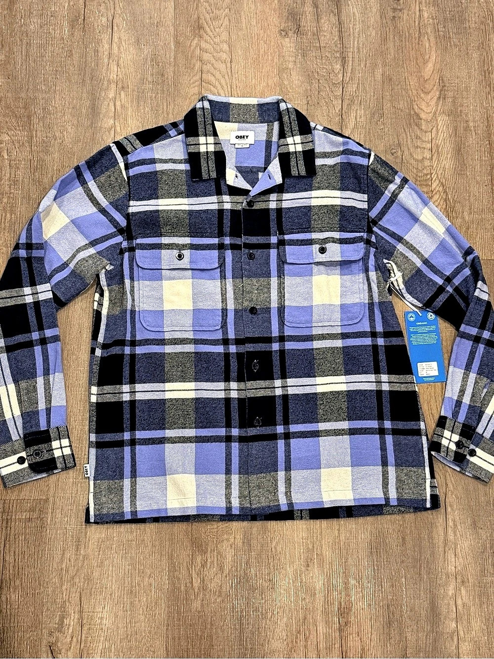 Obey Trent Woven Plaid Cotton Shirt Violet & Black Medium NWT